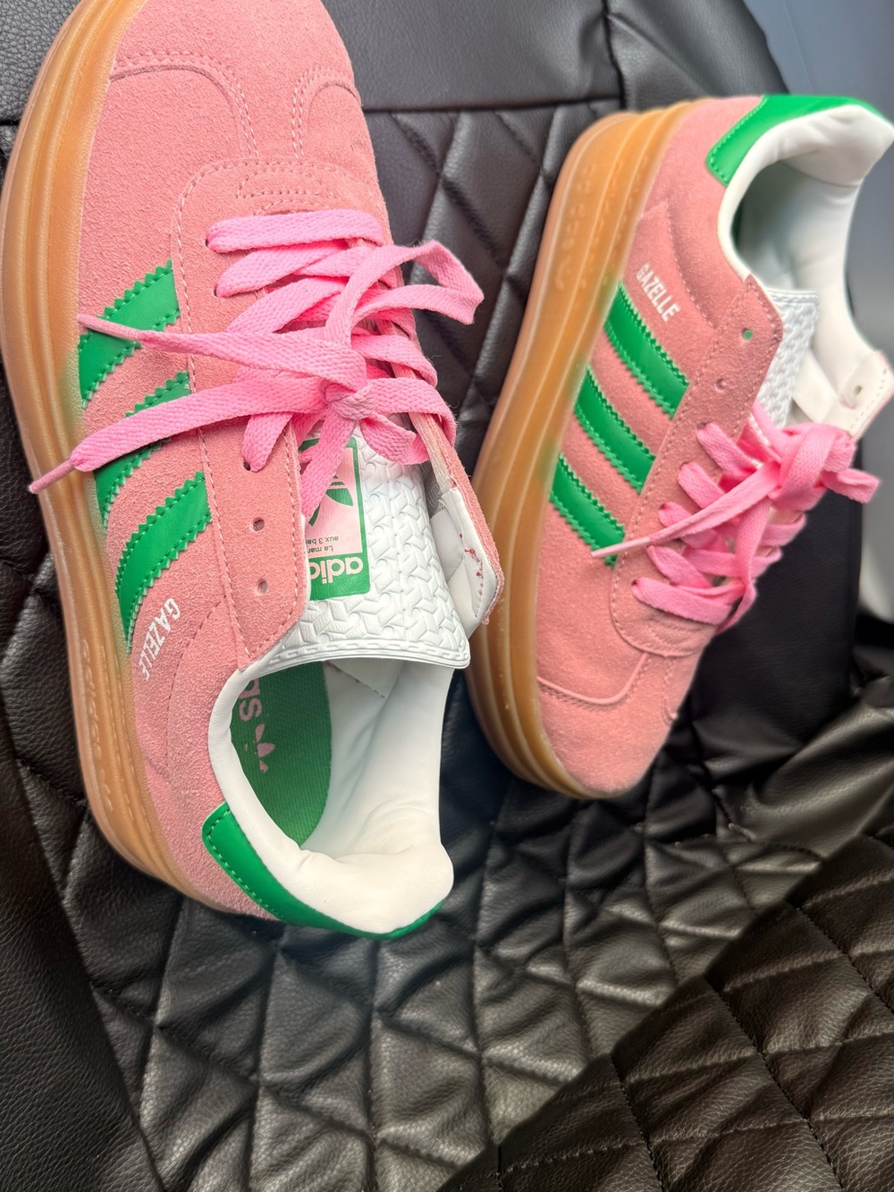 adidas Pink Suede Sneakers with Green Stripes and Gum Sole